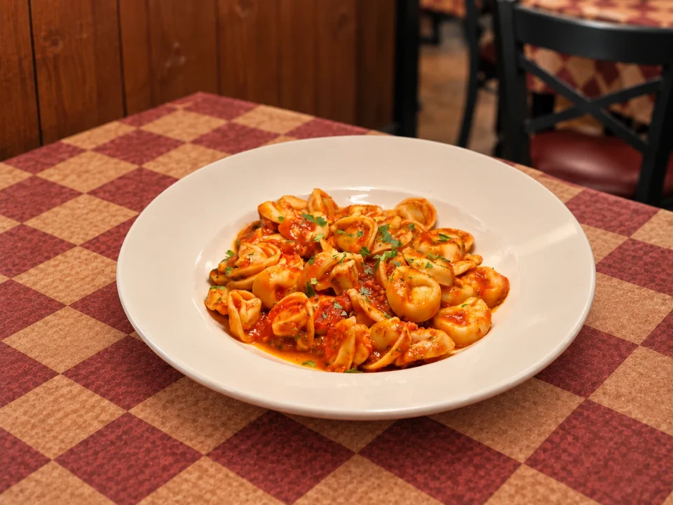 Filled pasta with red sauce on Gumba’s patterned table. AI-assisted image.