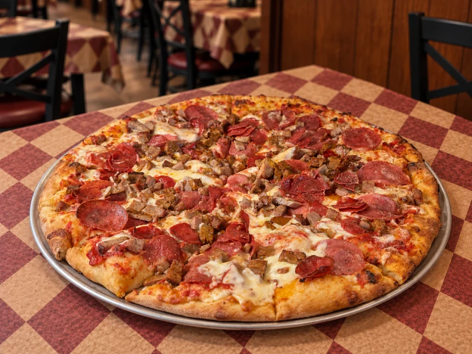 Pizza with meat toppings on Gumba’s checkered table. AI-assisted image.